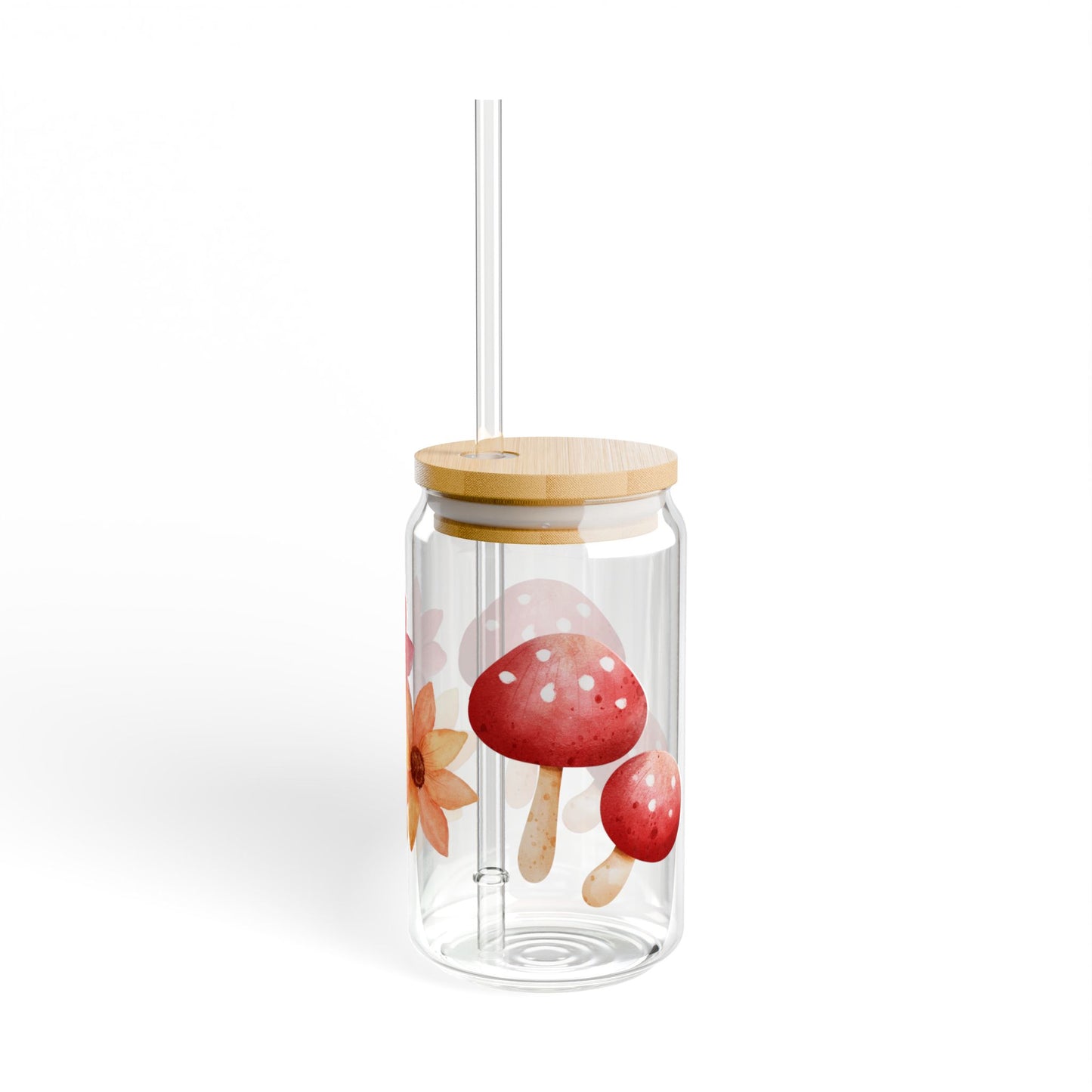 Floral & Mushroom Sipper Glass, 16oz Drinkware, Eco-Friendly Beverage Container, Unique Gift, Summer Picnic Essential