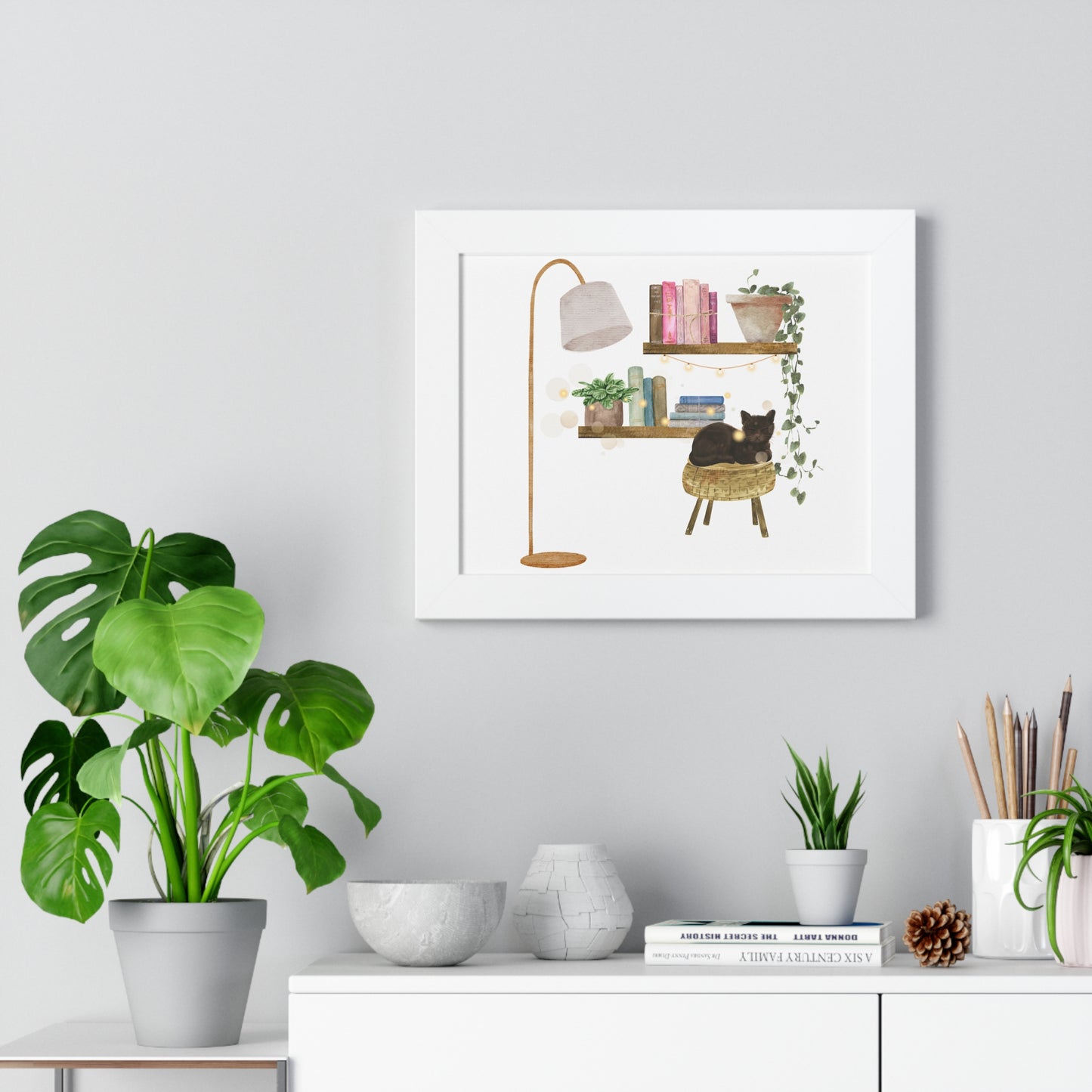 Whimsical Cat and Bookshelf Poster with Plants – Cozy Home Décor