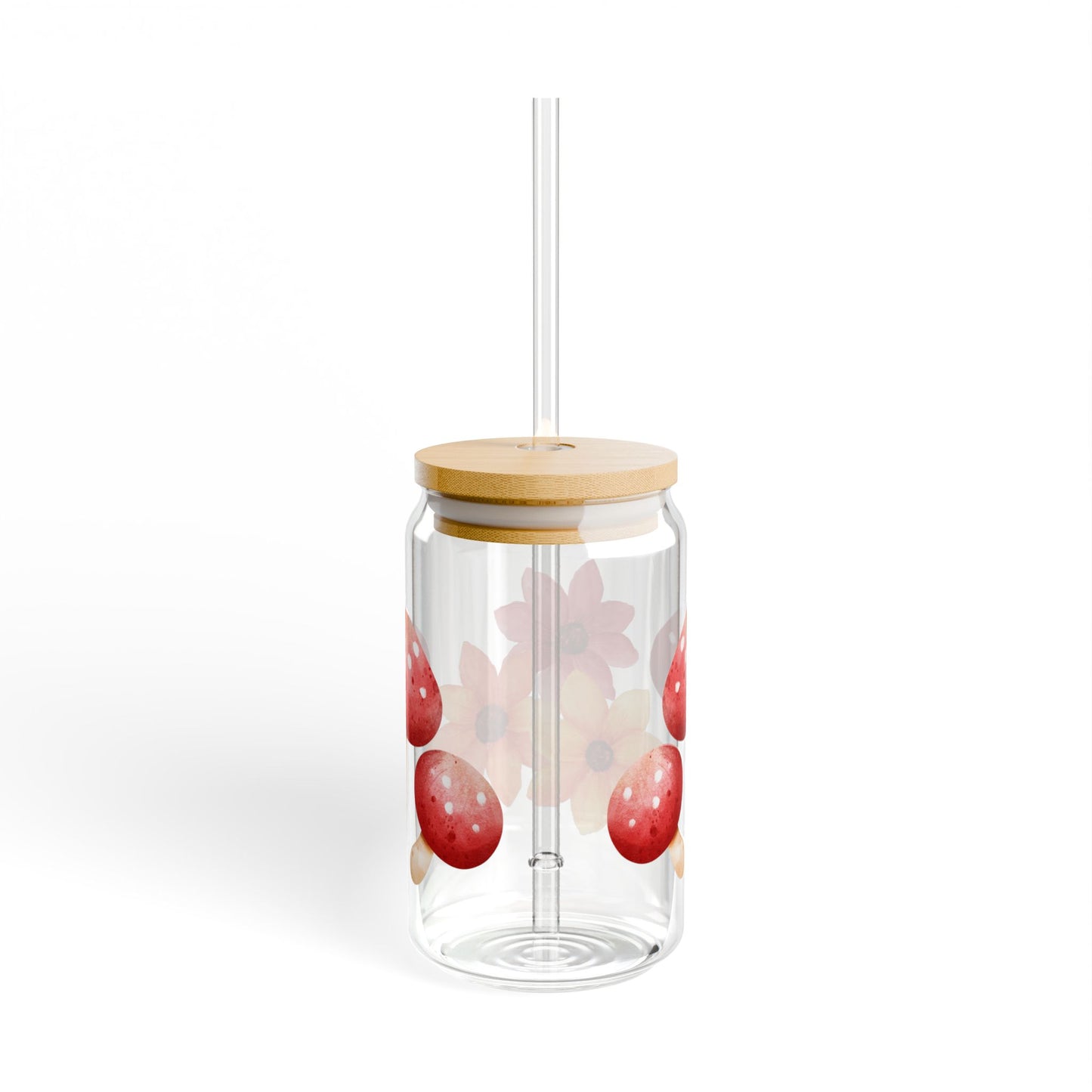 Floral & Mushroom Sipper Glass, 16oz Drinkware, Eco-Friendly Beverage Container, Unique Gift, Summer Picnic Essential