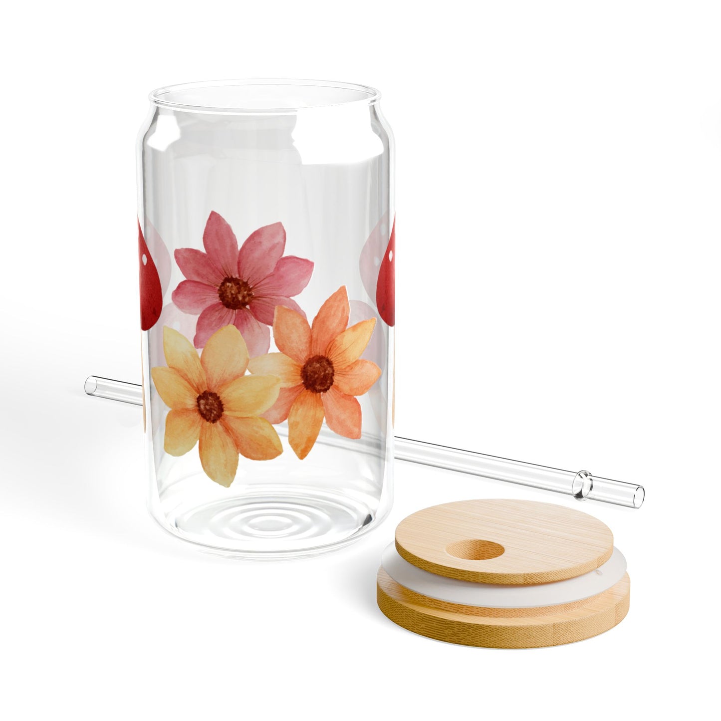 Floral & Mushroom Sipper Glass, 16oz Drinkware, Eco-Friendly Beverage Container, Unique Gift, Summer Picnic Essential