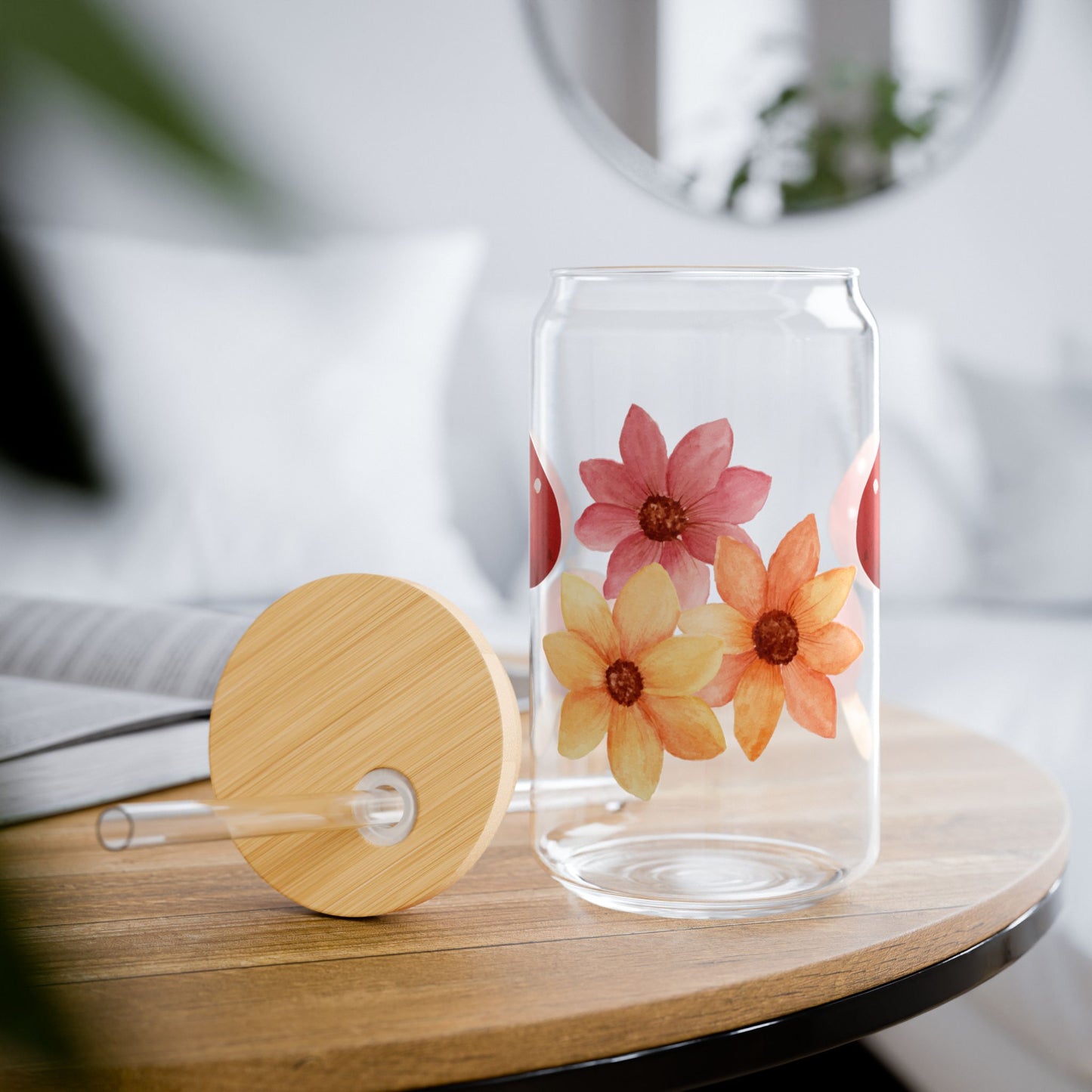 Floral & Mushroom Sipper Glass, 16oz Drinkware, Eco-Friendly Beverage Container, Unique Gift, Summer Picnic Essential