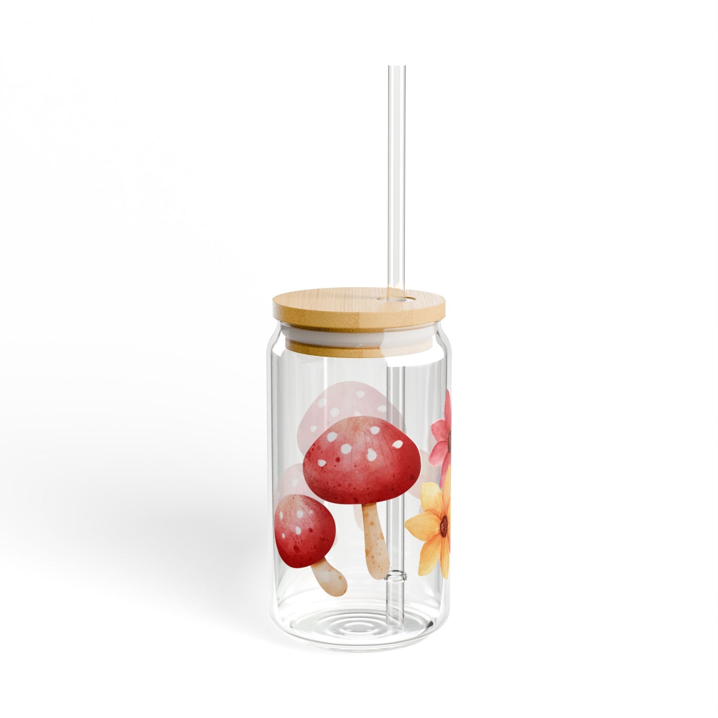 Floral & Mushroom Sipper Glass, 16oz Drinkware, Eco-Friendly Beverage Container, Unique Gift, Summer Picnic Essential