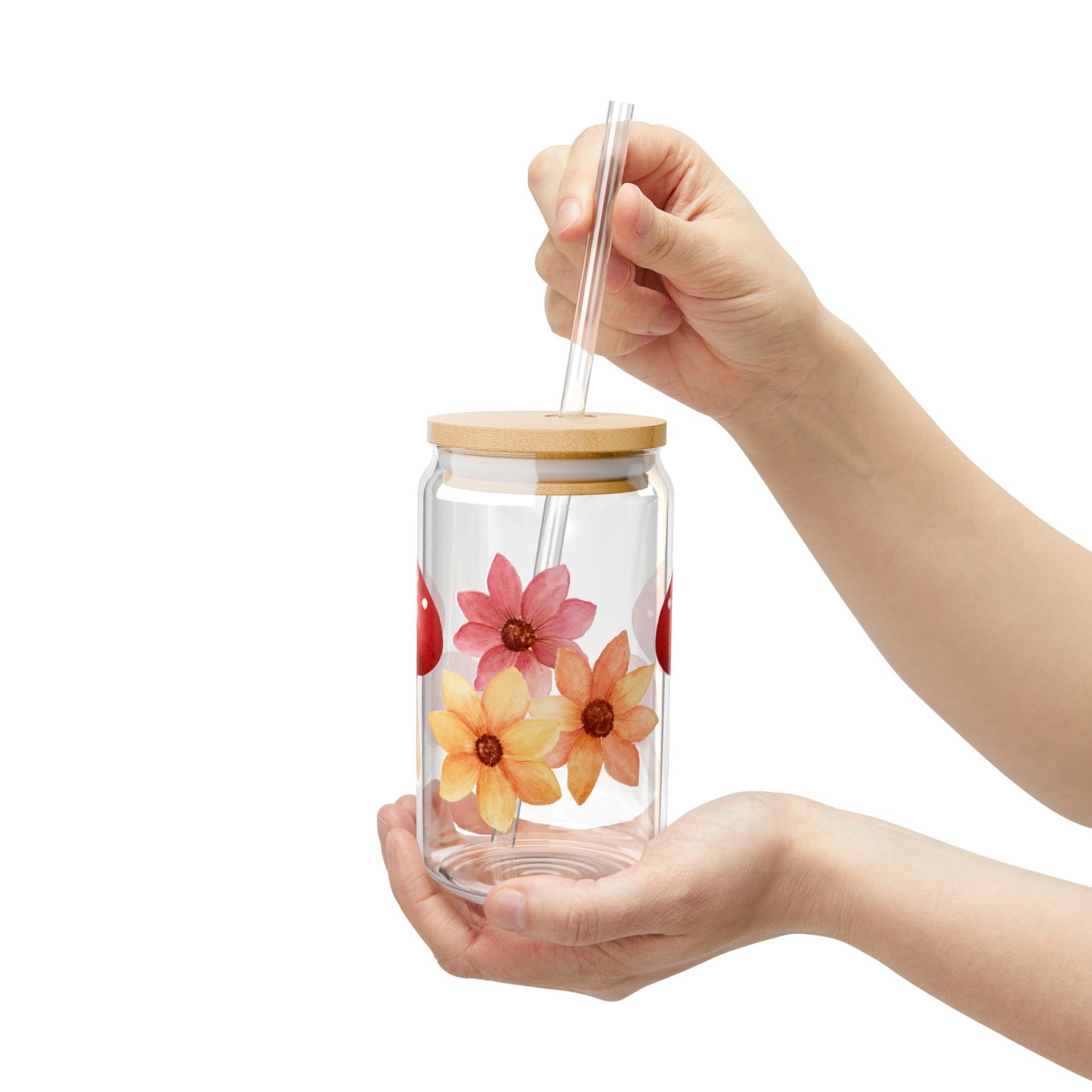 Floral & Mushroom Sipper Glass, 16oz Drinkware, Eco-Friendly Beverage Container, Unique Gift, Summer Picnic Essential
