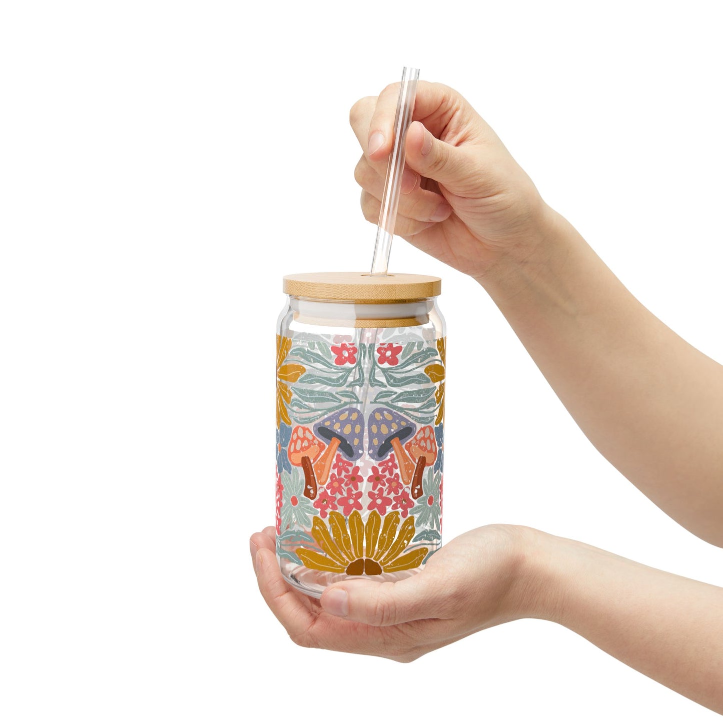 Pressed in Prose 16oz Glass Tumbler – Bamboo Lid & Glass Straw, Cottagecore Bohemian Floral Design