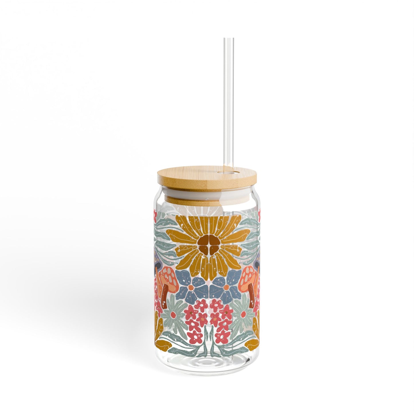 Pressed in Prose 16oz Glass Tumbler – Bamboo Lid & Glass Straw, Cottagecore Bohemian Floral Design
