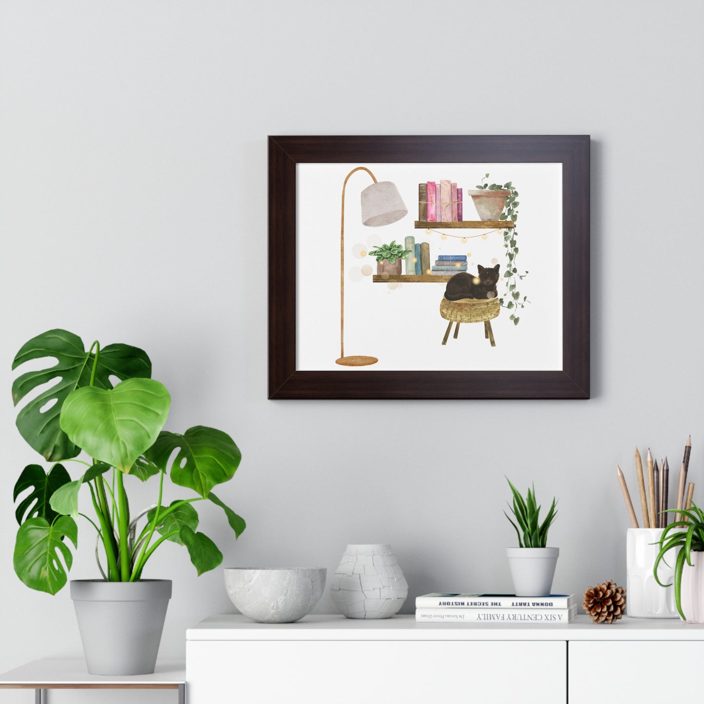 Whimsical Cat and Bookshelf Poster with Plants – Cozy Home Décor
