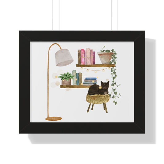 Whimsical Cat and Bookshelf Poster with Plants – Cozy Home Décor