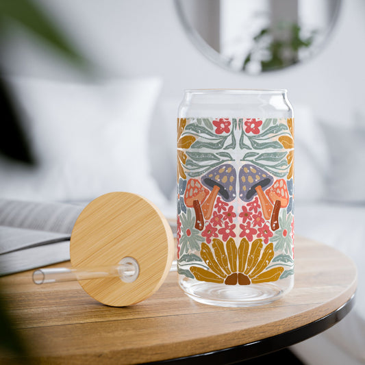 Pressed in Prose 16oz Glass Tumbler – Bamboo Lid & Glass Straw, Cottagecore Bohemian Floral Design