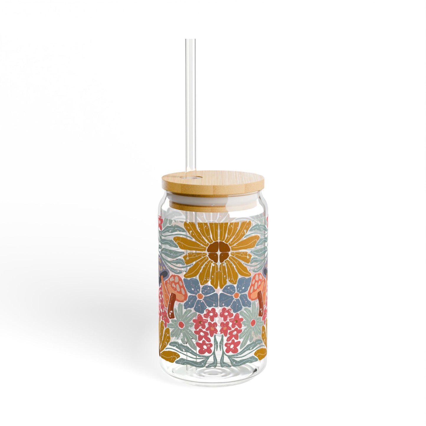 Pressed in Prose 16oz Glass Tumbler – Bamboo Lid & Glass Straw, Cottagecore Bohemian Floral Design