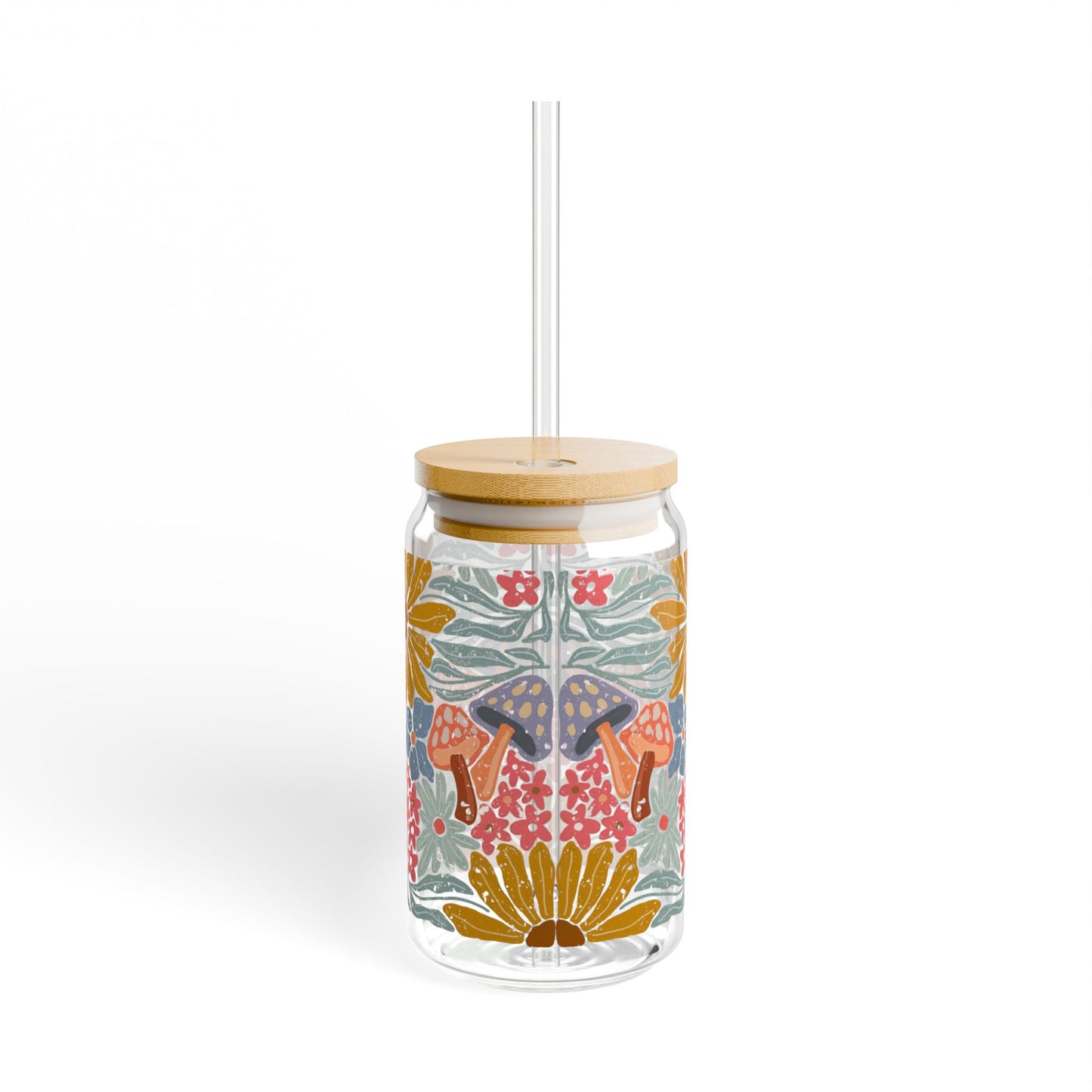 Pressed in Prose 16oz Glass Tumbler – Bamboo Lid & Glass Straw, Cottagecore Bohemian Floral Design