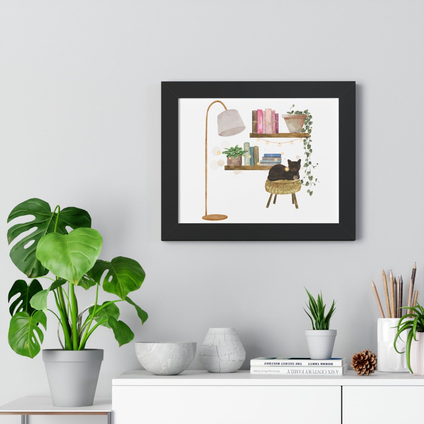 Whimsical Cat and Bookshelf Poster with Plants – Cozy Home Décor