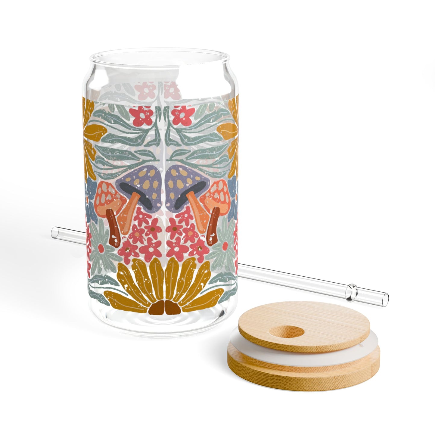 Pressed in Prose 16oz Glass Tumbler – Bamboo Lid & Glass Straw, Cottagecore Bohemian Floral Design