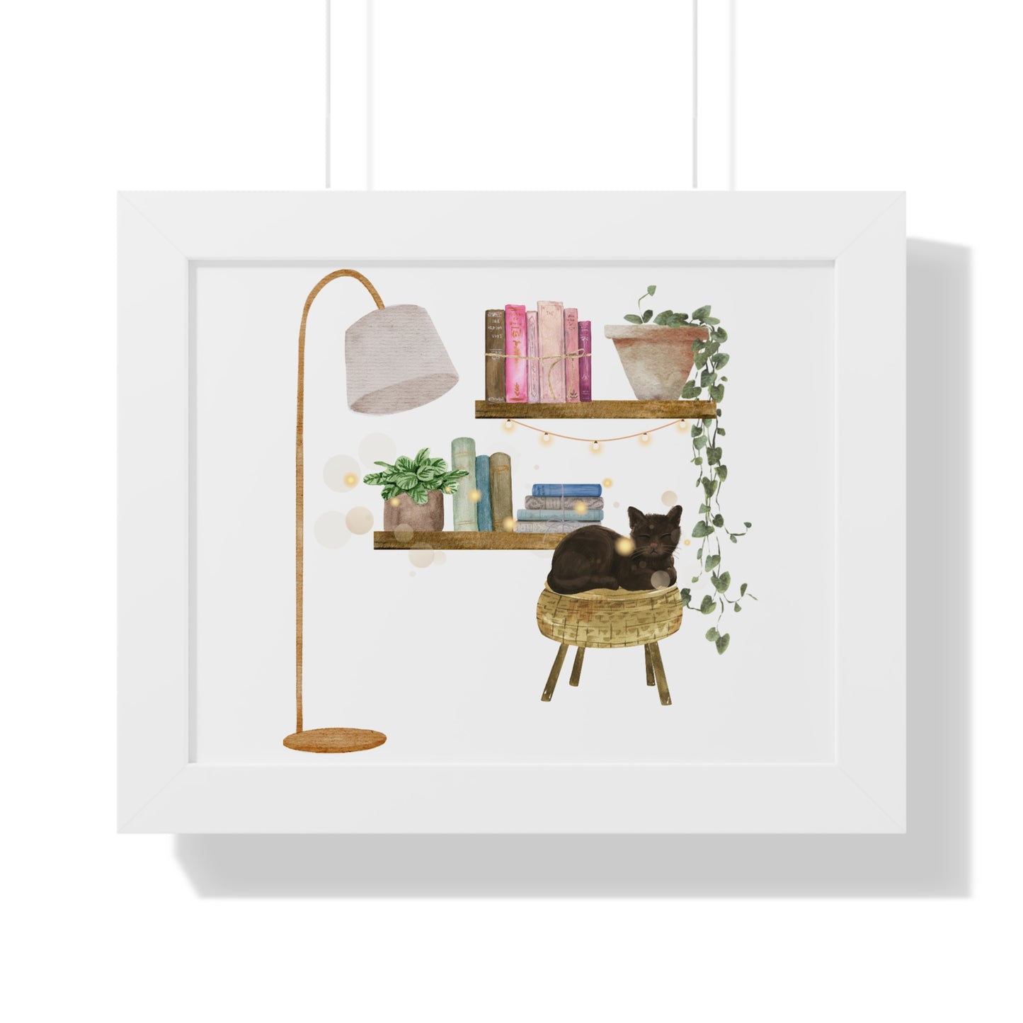 Whimsical Cat and Bookshelf Poster with Plants – Cozy Home Décor