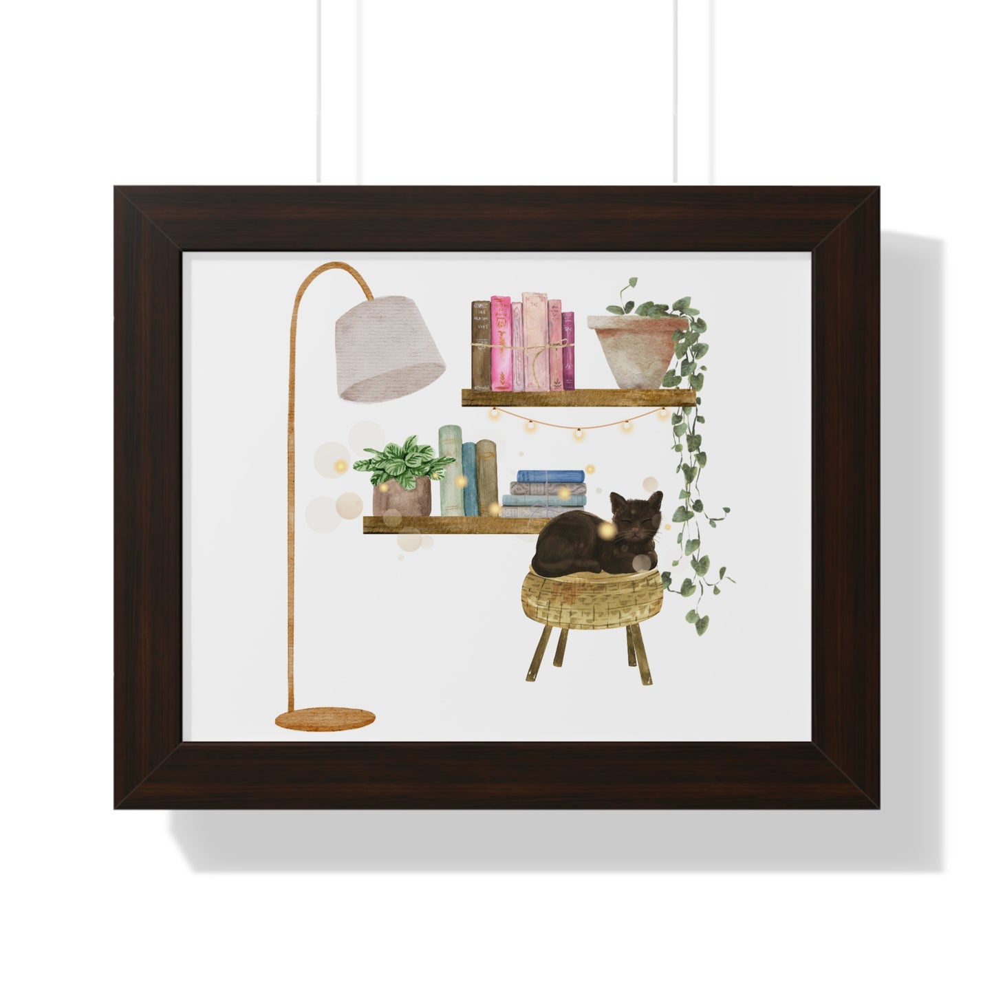 Whimsical Cat and Bookshelf Poster with Plants – Cozy Home Décor