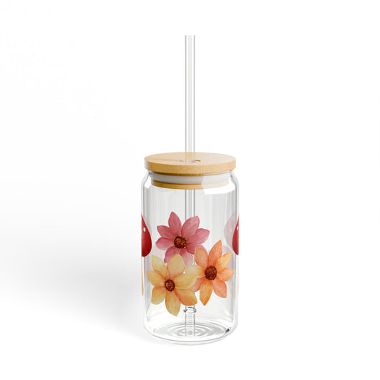 Floral & Mushroom Sipper Glass, 16oz Drinkware, Eco-Friendly Beverage Container, Unique Gift, Summer Picnic Essential