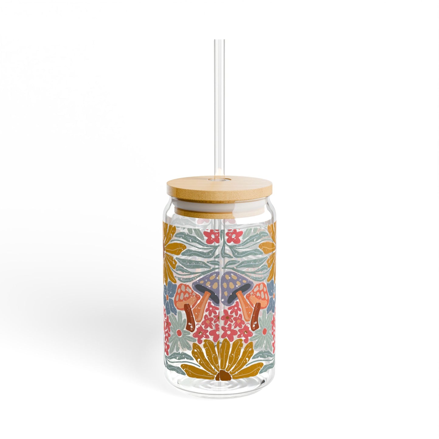 Pressed in Prose 16oz Glass Tumbler – Bamboo Lid & Glass Straw, Cottagecore Bohemian Floral Design